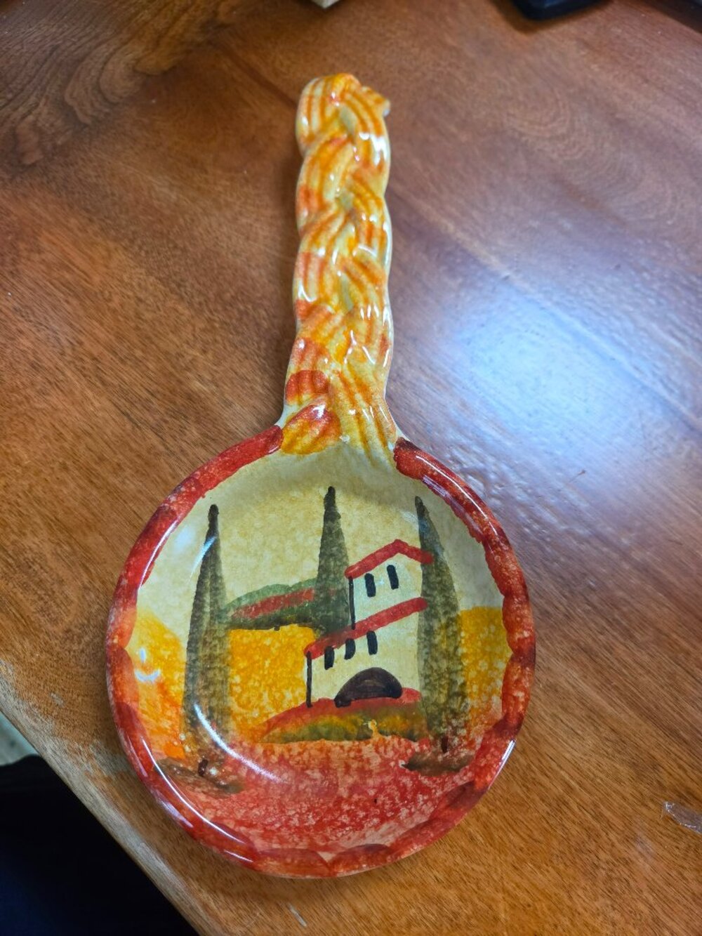 hand painted Italian ceramic spoon rest with tuscan cypress landscape scene